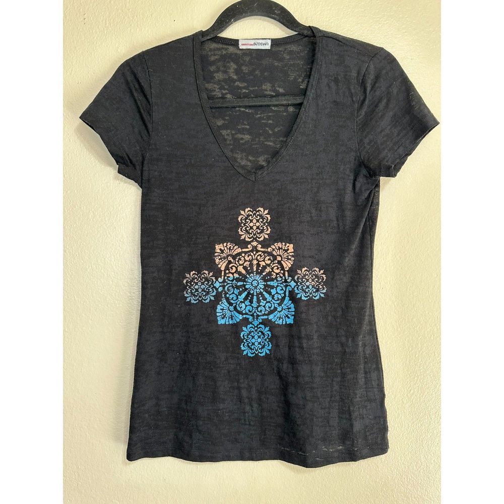 American Buddha Women's Dark Grey Burnout Tee Mandala Design Deep V-Neck Size XS